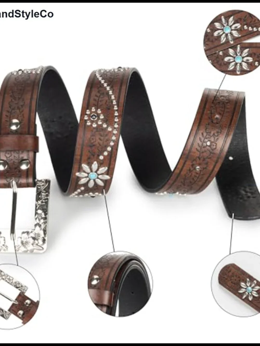 Western Cowboy Belt for Women, Faux Leather Flower Embossed with Silver Buckle